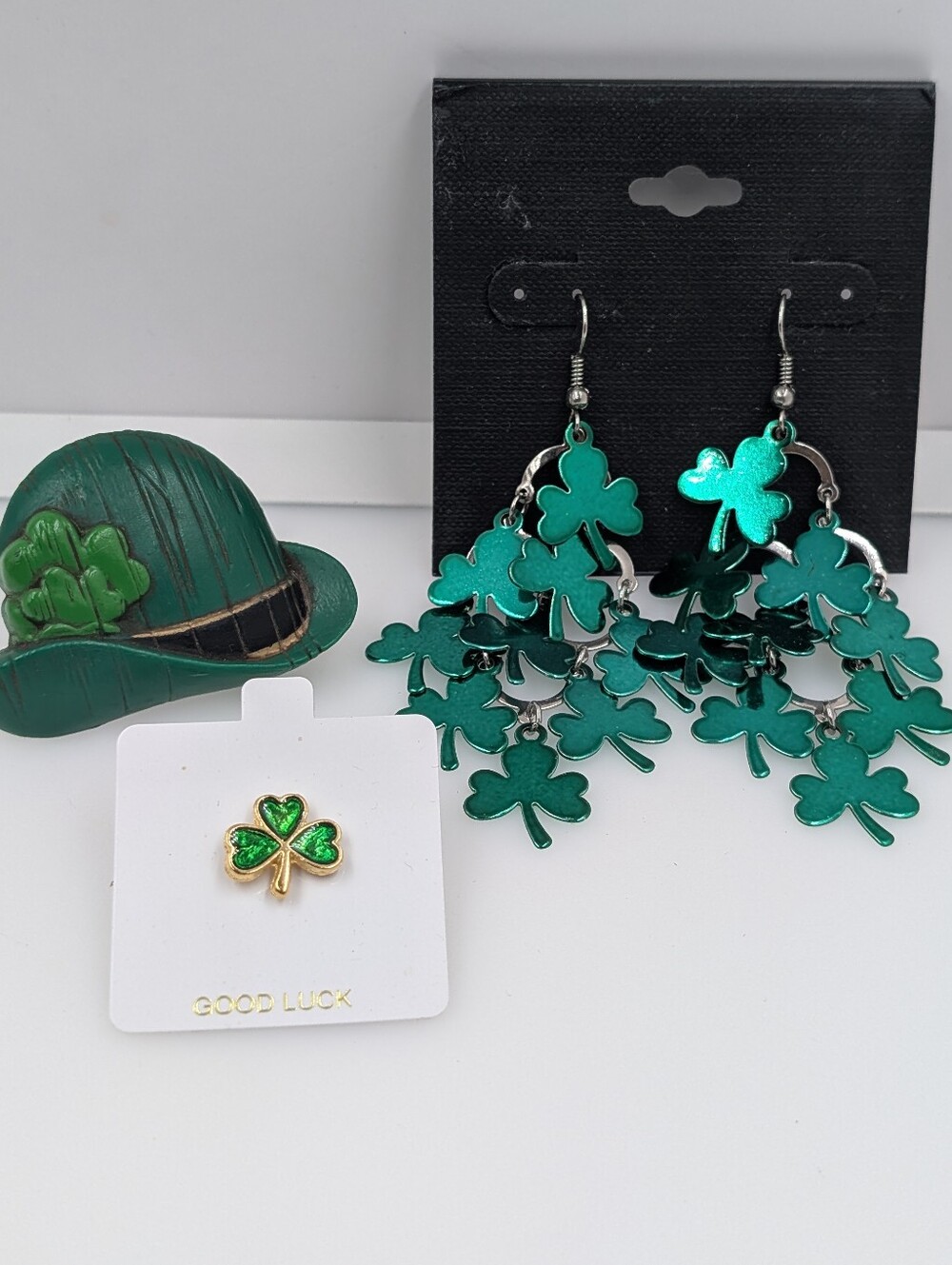 St. Patrick Day 3-Piece Lot Shamrock  Earrings, Leprechaun Hat & Clover Pin 0119